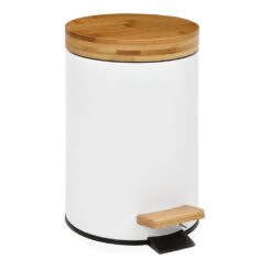 Caixote do lixo branco com pedal e tampa de bambu 3 Ø17x26cm andrea house