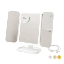 Espelho de mesa dobrável tríptico com aumento e LUZ LED recarregável