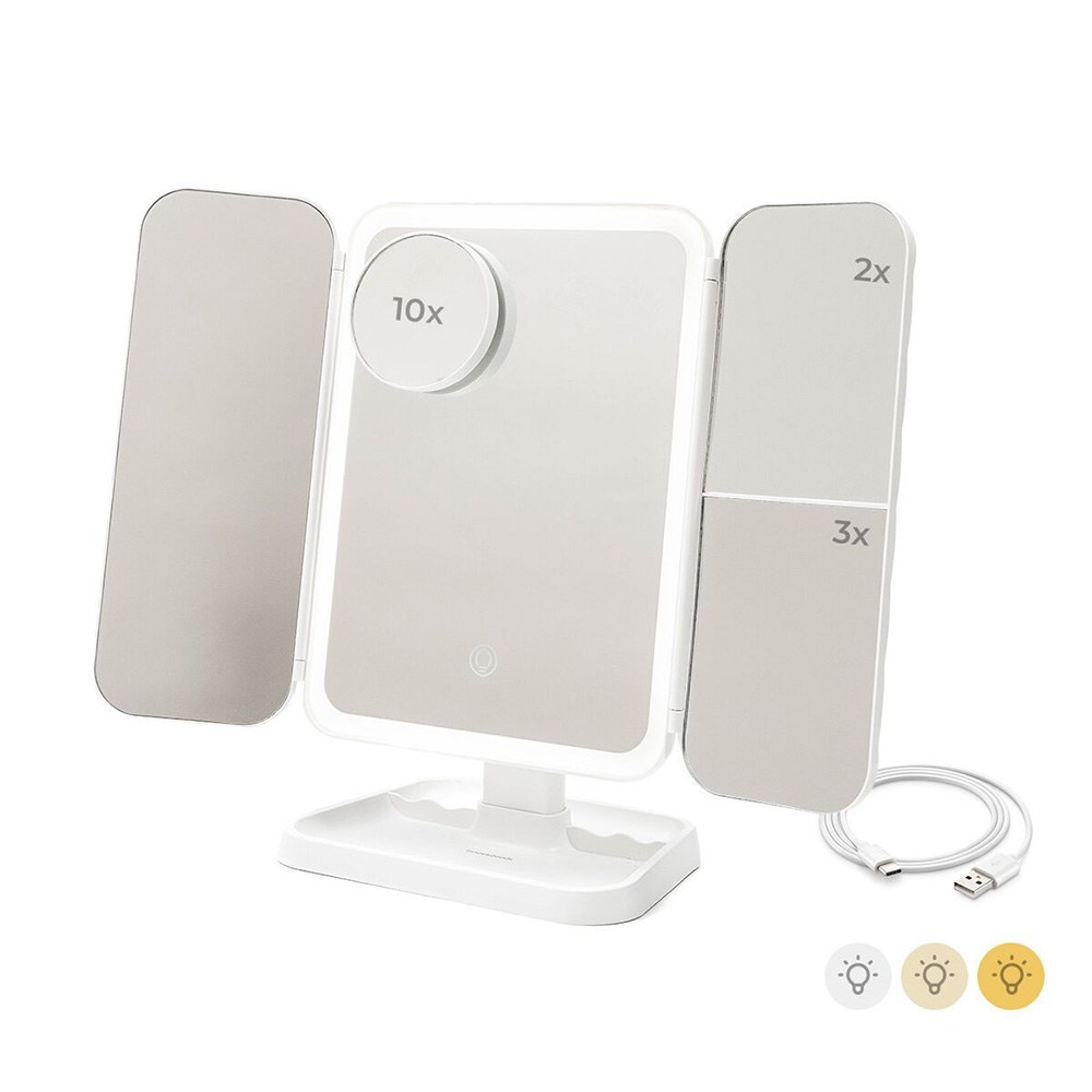 Espelho de mesa dobrável tríptico com aumento e LUZ LED recarregável