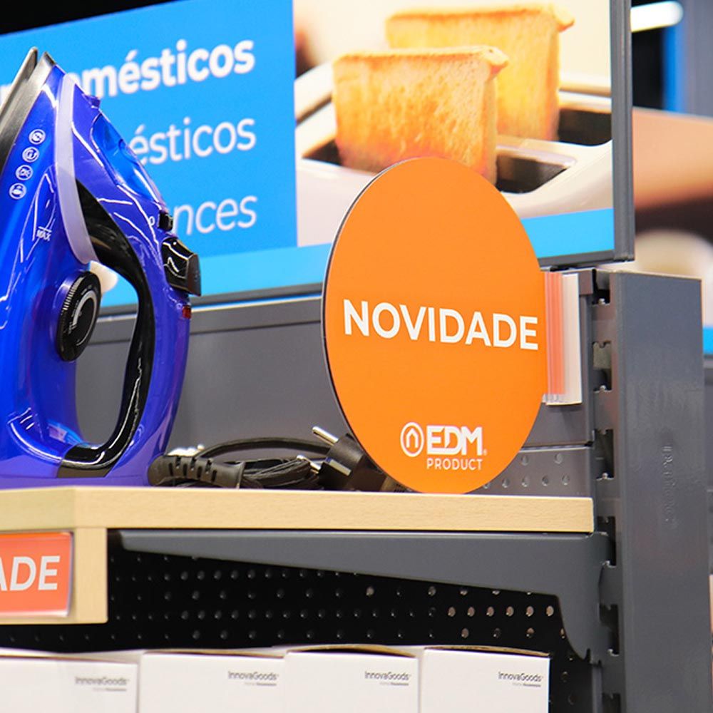 Display promoção módulo português "novidades" EDM Ø20cm, contém suporte adesivo 02942