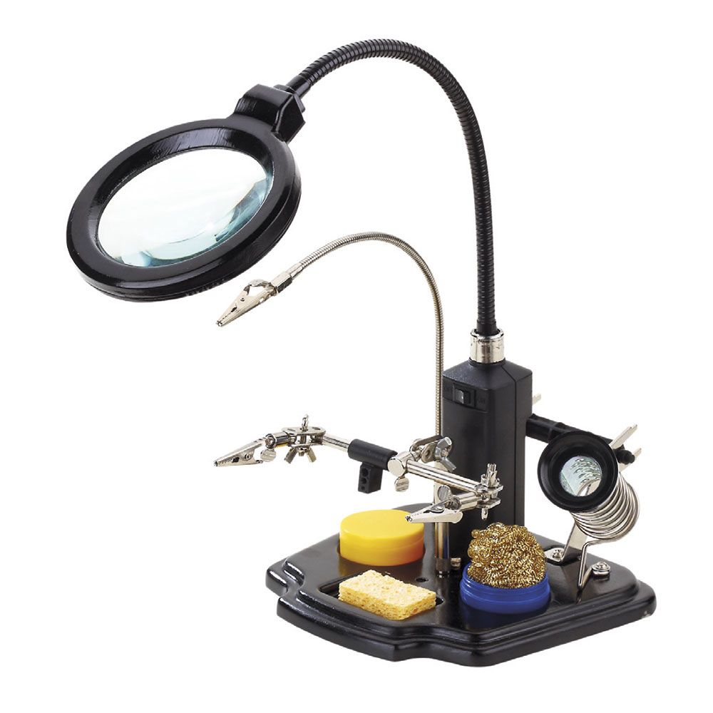 Suporte para ferro de soldar com lupa, luz e pinças jacaré