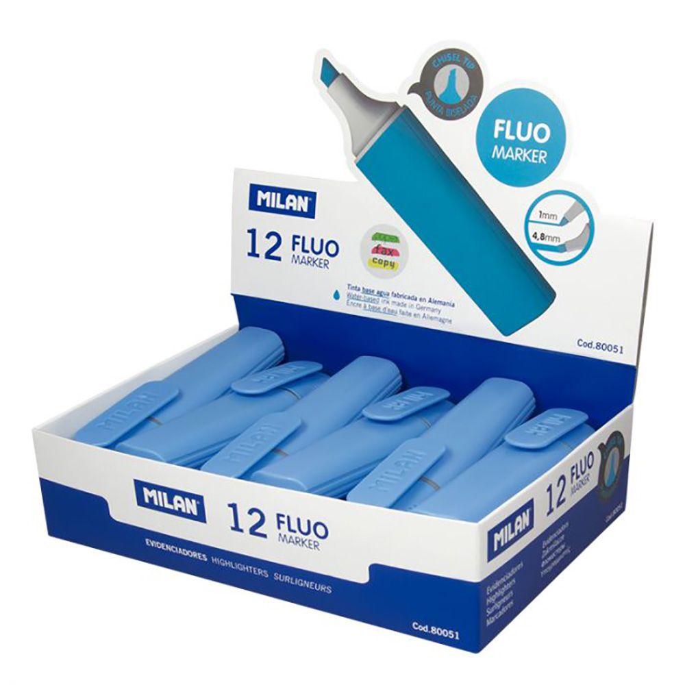 Caixa expositora com 12 marcadores fluorescentes COR azul milan