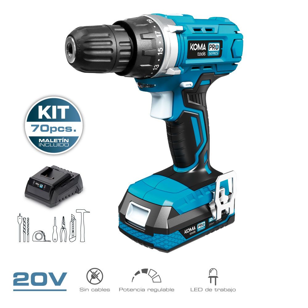 KIT berbequim aparafusador 20 V com 70 acessórios, bateria 2.0Ah e carregador