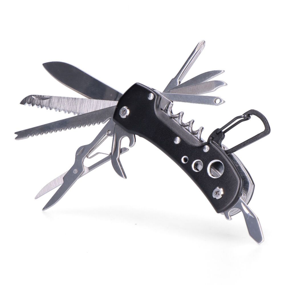 Multi ferramenta com mosquetão modelo preto, serie kilimanjaro