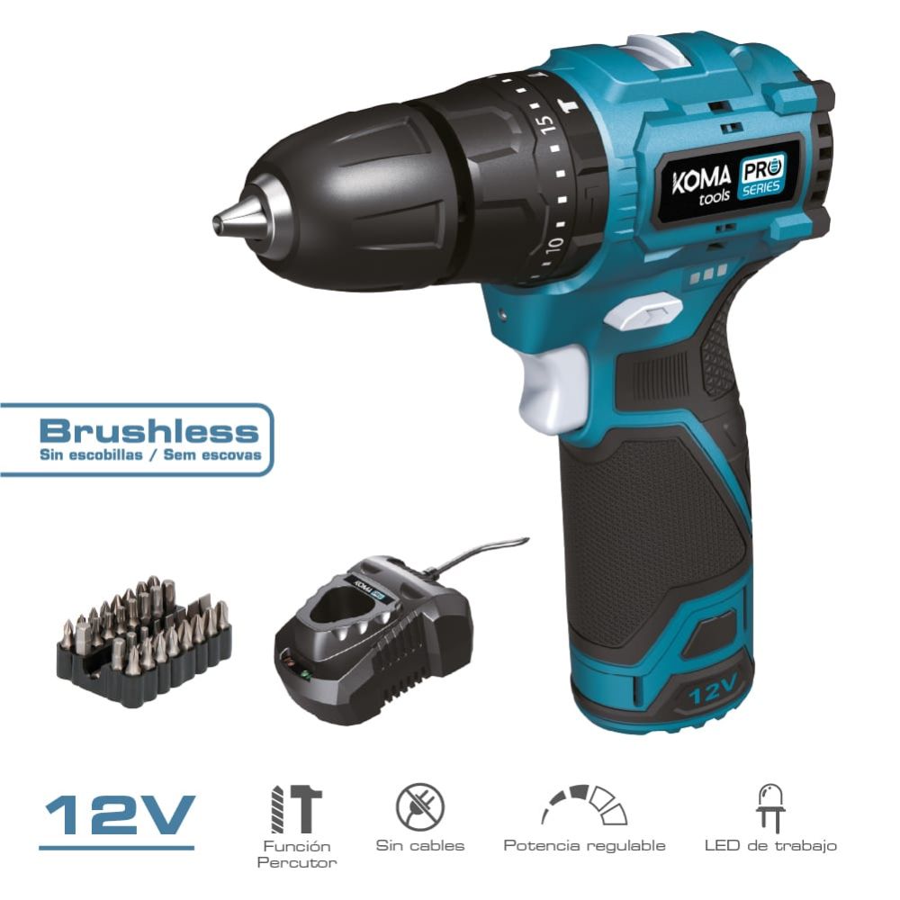 KIT berbequim de perfcussão brushless 12 V com acessórios, bateria 2.0Ah e carregador
