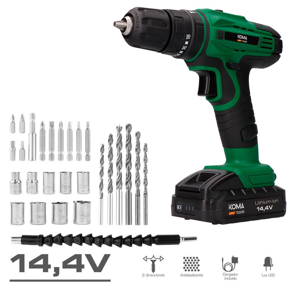 KIT berbequim de perfcussão aparafusadora 14,4V com 28 acessórios, bateria 1500 MAH e carregador