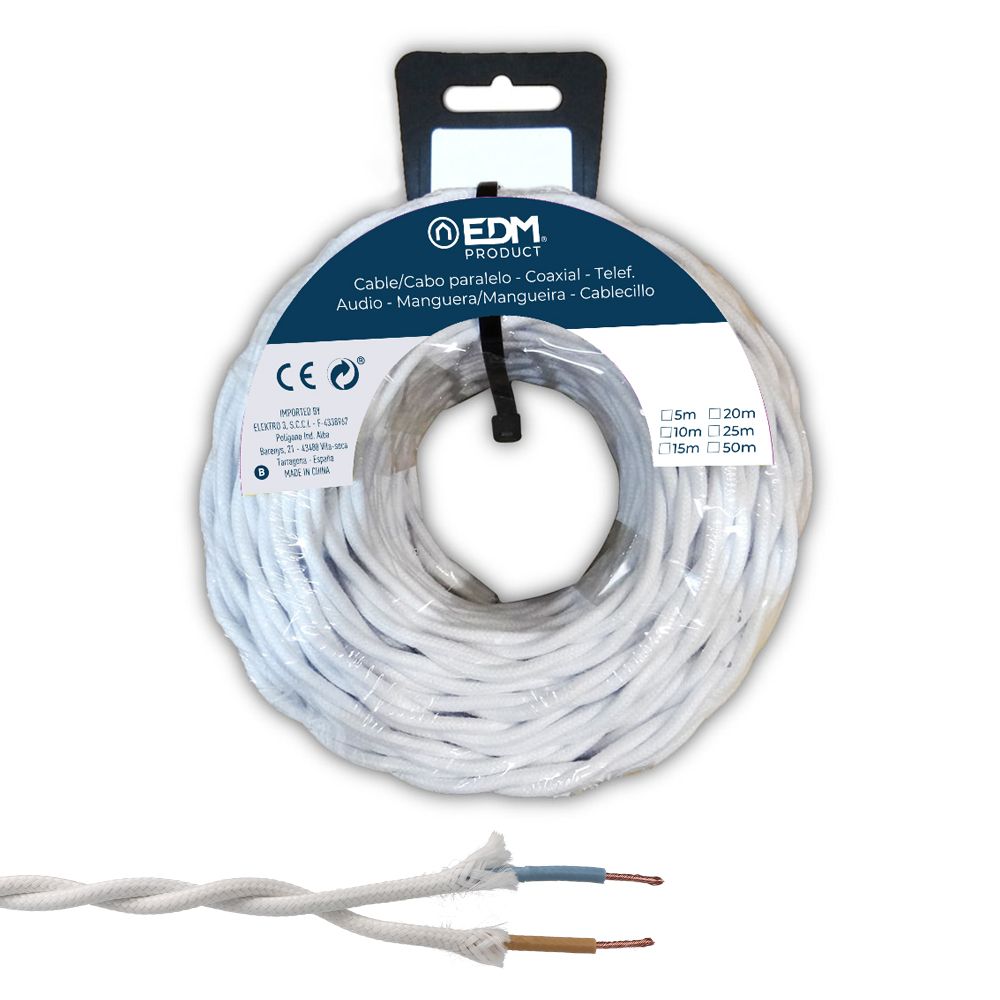 Carretel de cabo paralelo têxtil trançado H07V-K 2 x 2,50 mm² branco, 5 m