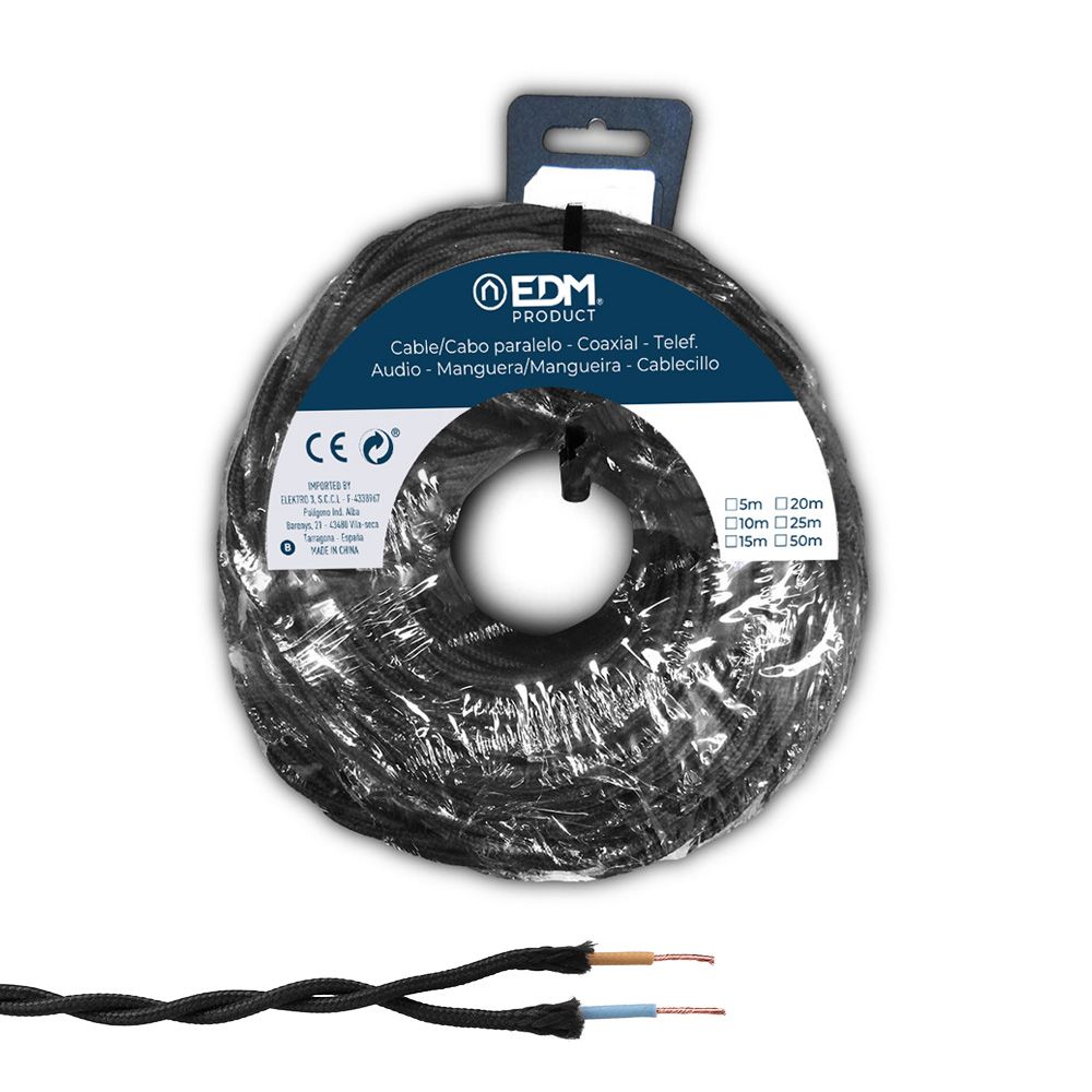 Carretel de cabo paralelo têxtil trançado H05VV-F 2 x 1,50 mm² preto, 5 m