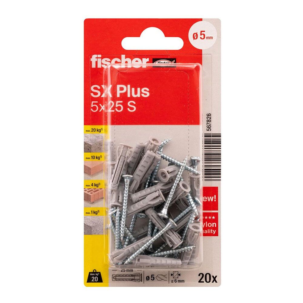 FISCHER Buchas Sx plus sk nv ø5 x 25 mm + parafusos ø3,5 x 35 mm, blister 20 unidades