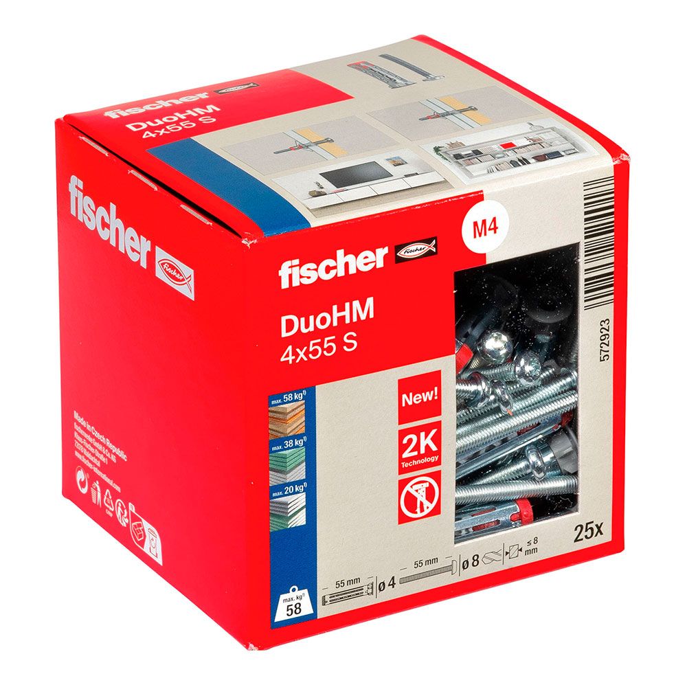 Bucha DUO HM Ø4 x 55 mm + parafusos Ø8 x 55 mm, caixa 25 UDS