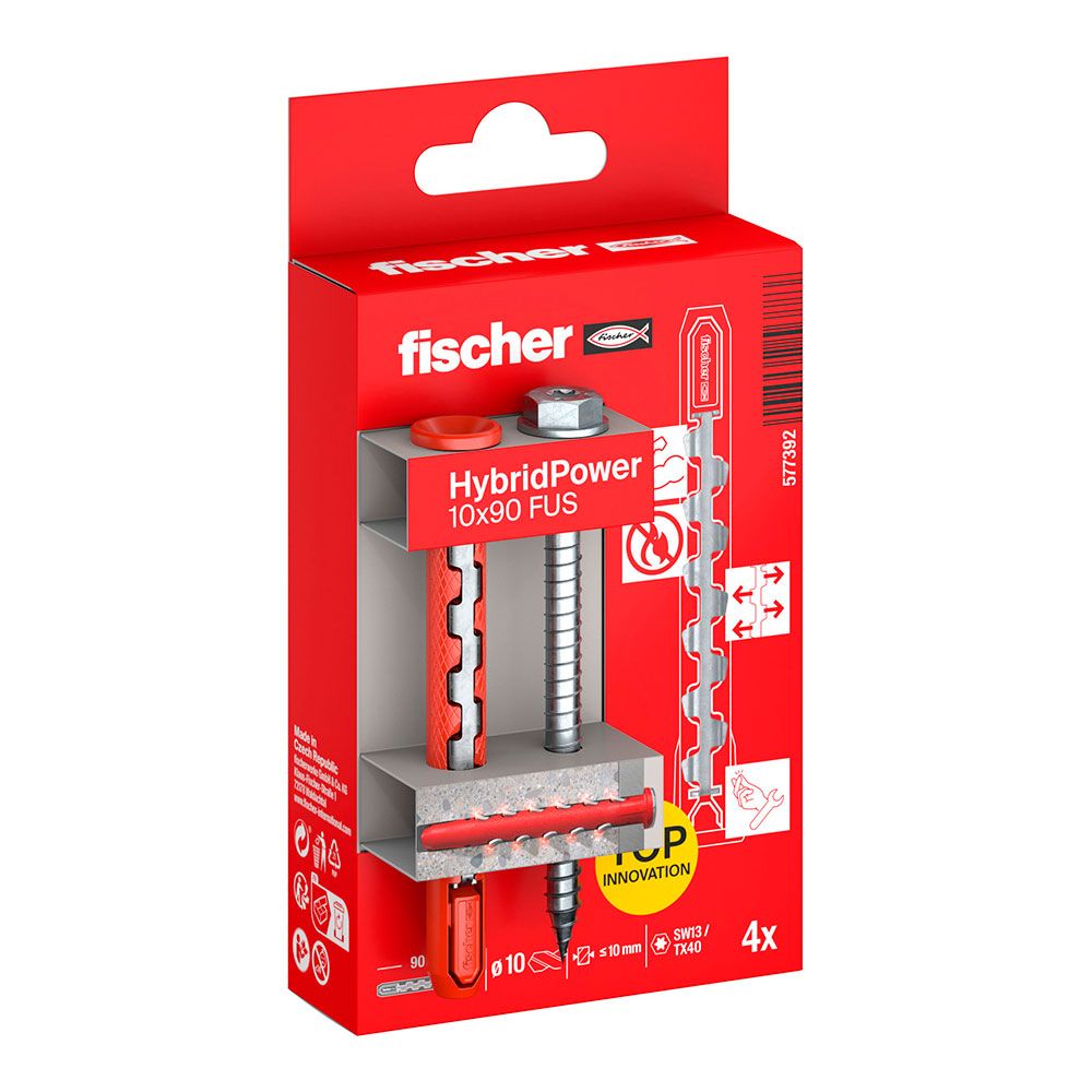 BUCHAS HYBRIDPOWER Ø10 x 90 mm + PARAFUSOS SW13 /TX40, Ø7 x 89 mm, BLÍSTER 4 unidades