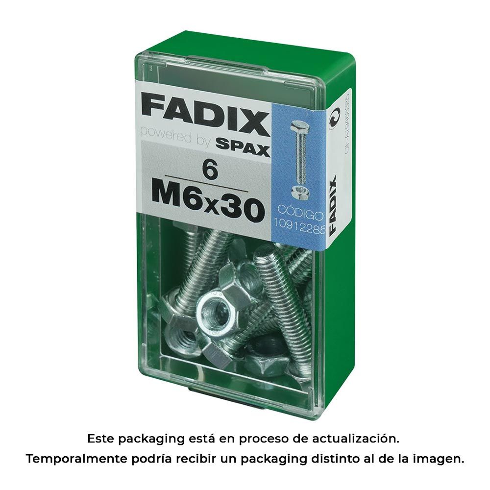Caixa S 6 unid. parafuso metrico CAB hex+porca zinco m 6x30mm fadix