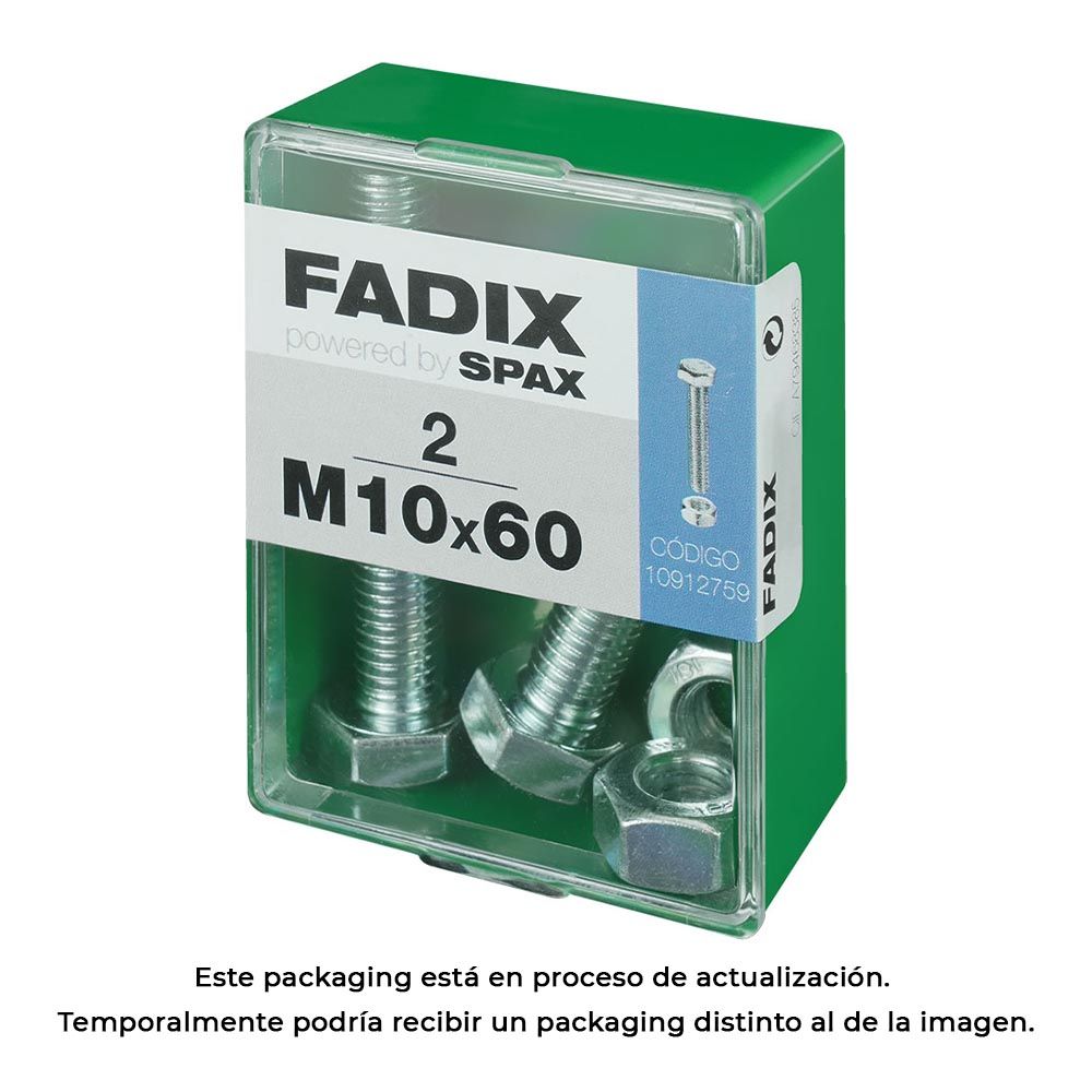 Caixa m 2 unid. parafuso metrico CAB hex+porca zinco m 10x60mm fadix