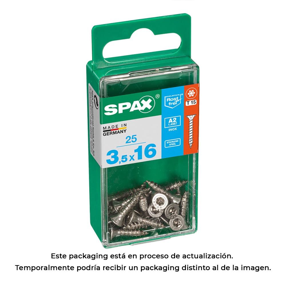 Caixa 25 unid. parafuso madeira spax cabeza plana INOX A2 3,5x16mm spax