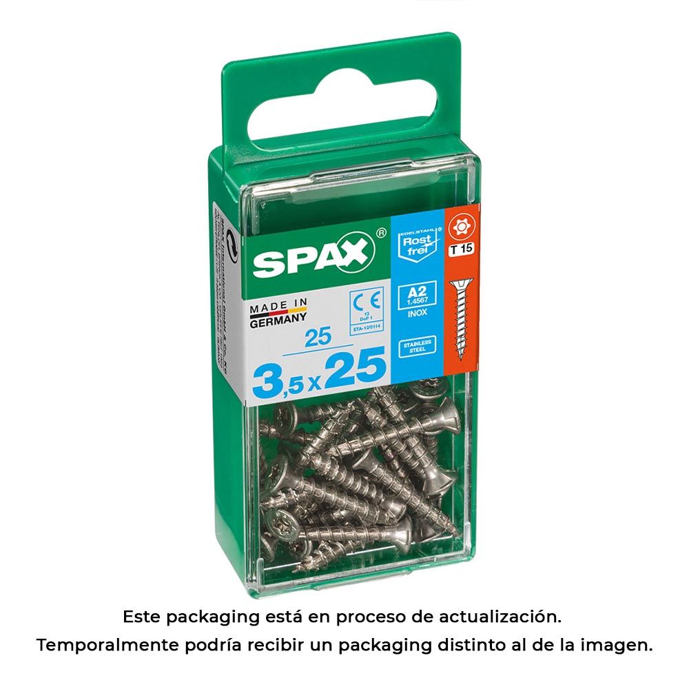 Caixa 25 unid. parafuso madeira spax cabeza plana INOX A2 3,5x25mm spax