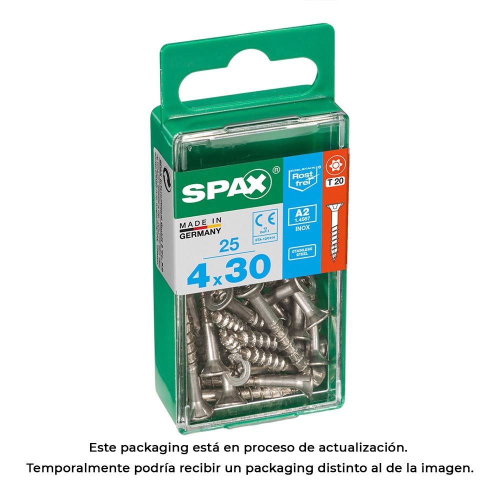 Caixa 25 unid. parafuso madeira spax cabeza plana INOX A2 4,0x30mm spax