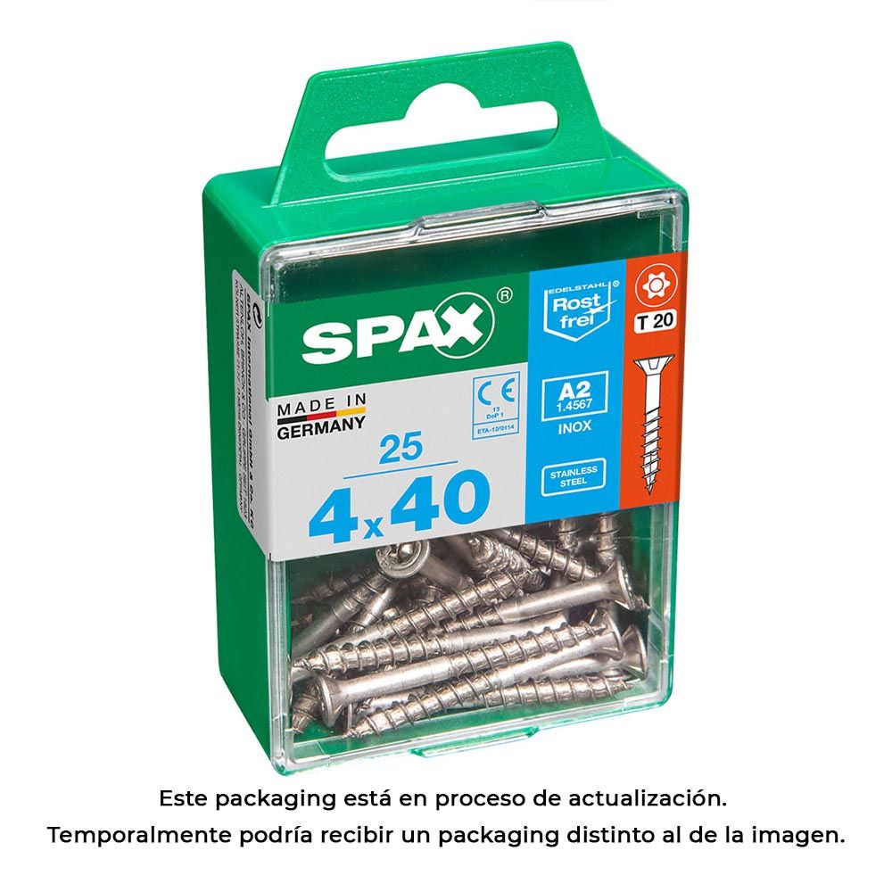 Caixa 25 unid. parafuso madeira spax cabeza plana INOX A2 4,0x40mm spax