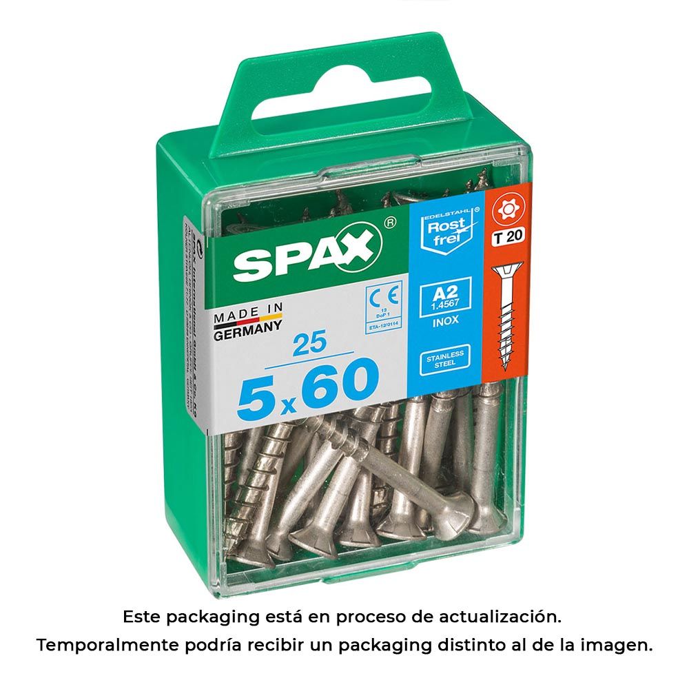 Caixa 25 unid. parafuso madeira spax cabeza plana INOX A2 5,0x60mm spax