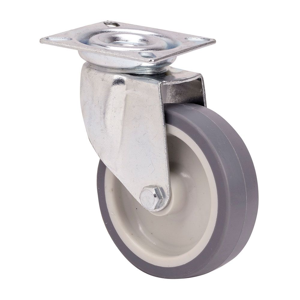 Roda giratória em borracha com placa e eixo liso, COR cinza, carga máx. 60 kg, ø 8 cm