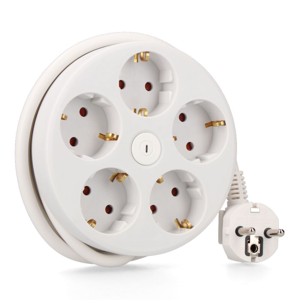 Base múltipla redonda com 5 bases schuko 2P+T, com interruptor, 16 a 250 V, cabo de 1,5 m H05VV-F 3G1,5 mm², branca.