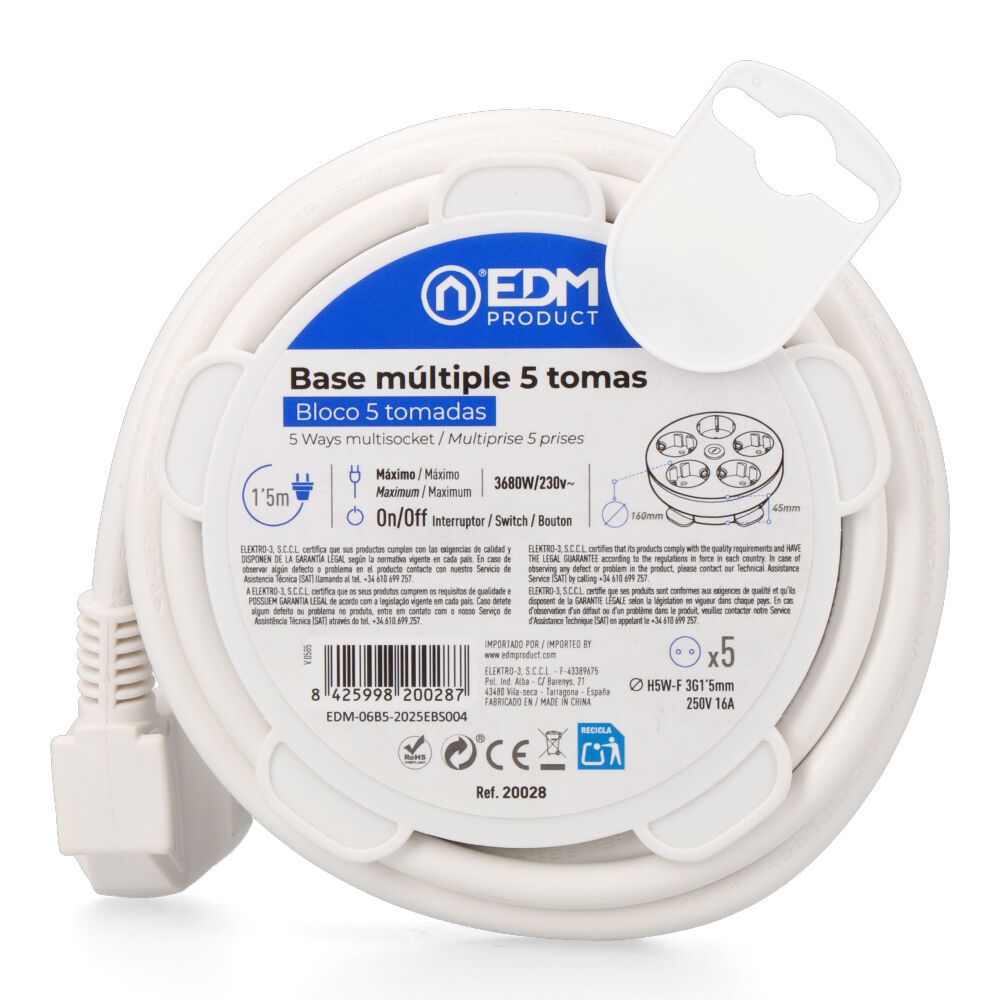 Base múltipla redonda com 5 bases schuko 2P+T, com interruptor, 16 a 250 V, cabo de 1,5 m H05VV-F 3G1,5 mm², branca. - Image 5