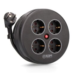 Enrolador de cabos com 4 tomadas 2P+T schuko, com proteção, 16 a 250 V, cabo H05VV-F 3G1,5mm² de 5 m, preto