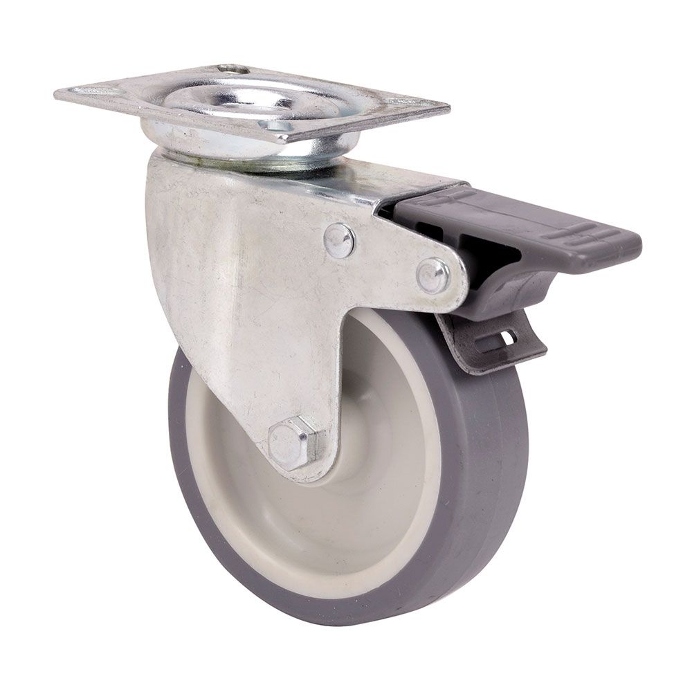Roda giratória em borracha com placa, eixo liso e travão, COR cinza, carga máx. 40 kg, ø 5 cm