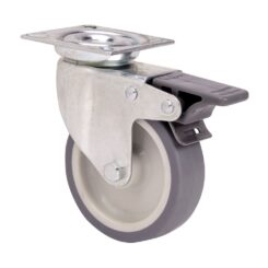 Roda giratória em borracha com placa, eixo liso e travão, COR cinza, carga máx. 50 kg, ø 6 cm