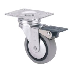 Roda giratória em borracha com placa, travão e eixo liso, COR cinza, máx. carga 17 kg, ø 4 cm