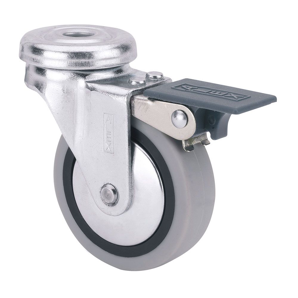 Roda giratória em borracha com furo, travão e eixo liso, COR cinza, máx. carga 17 kg, ø 4 cm