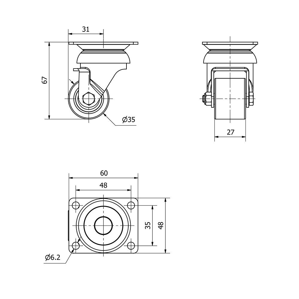 Roda giratória com placa, rolamento de esferas, COR laranja, carga máx. 100 kg, ø 3,5 cm - Image 2