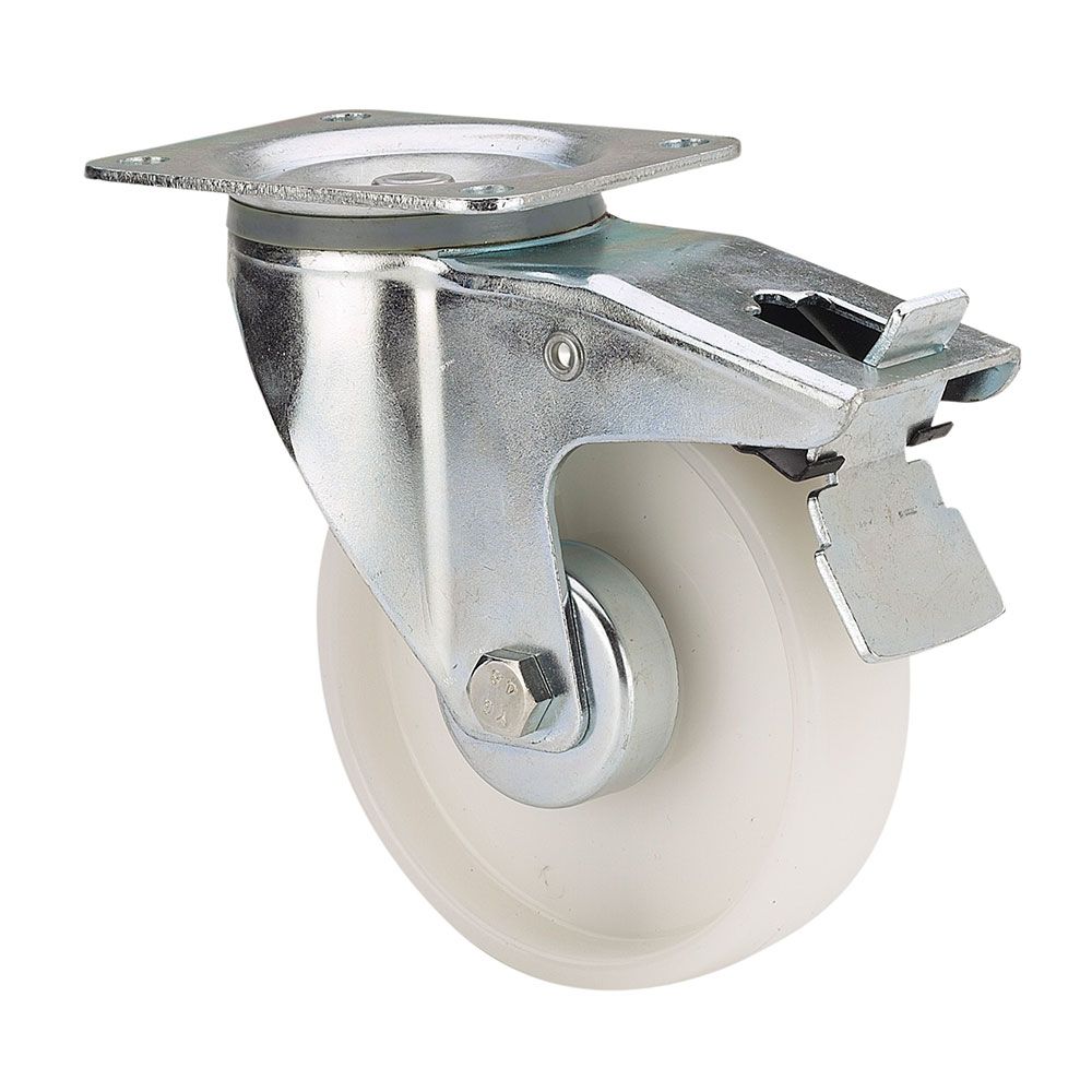 Roda giratória polyamix com placa, eixo liso e travão, branca, carga máx. 130 kg, ø 8 cm