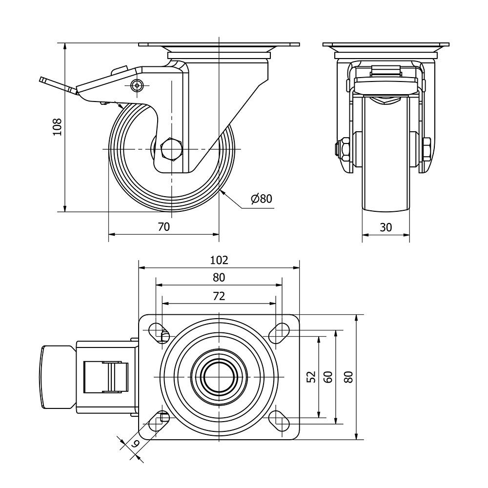 Roda giratória polyamix com placa, eixo liso e travão, branca, carga máx. 130 kg, ø 8 cm - Image 2