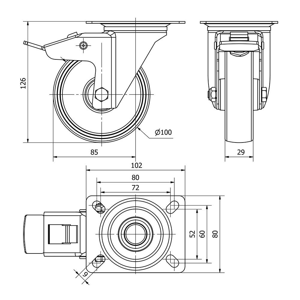 Roda giratória polyamix com placa, eixo liso e travão, branca, carga máx. 150 kg, ø 10 cm - Image 2