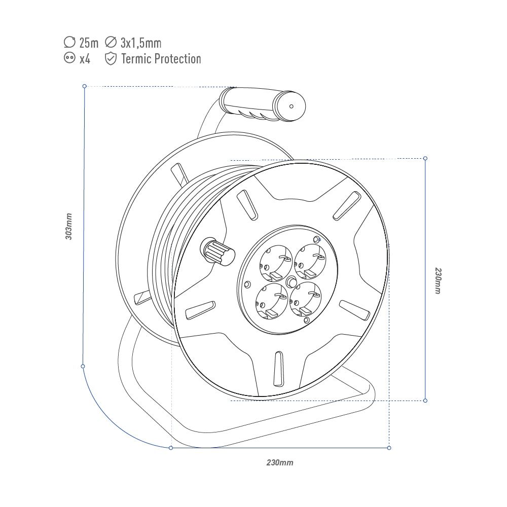 EDM Enrolador de cabo 25 m 3 g 1,50 mm² 4 tomadas bipolares com t/tl com protetor térmico - Image 3