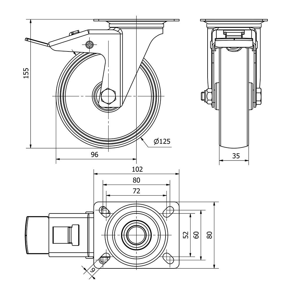 Roda giratória polyamix com placa, eixo liso e travão, branca, carga máx. 170 kg, ø 12,5 cm - Image 2