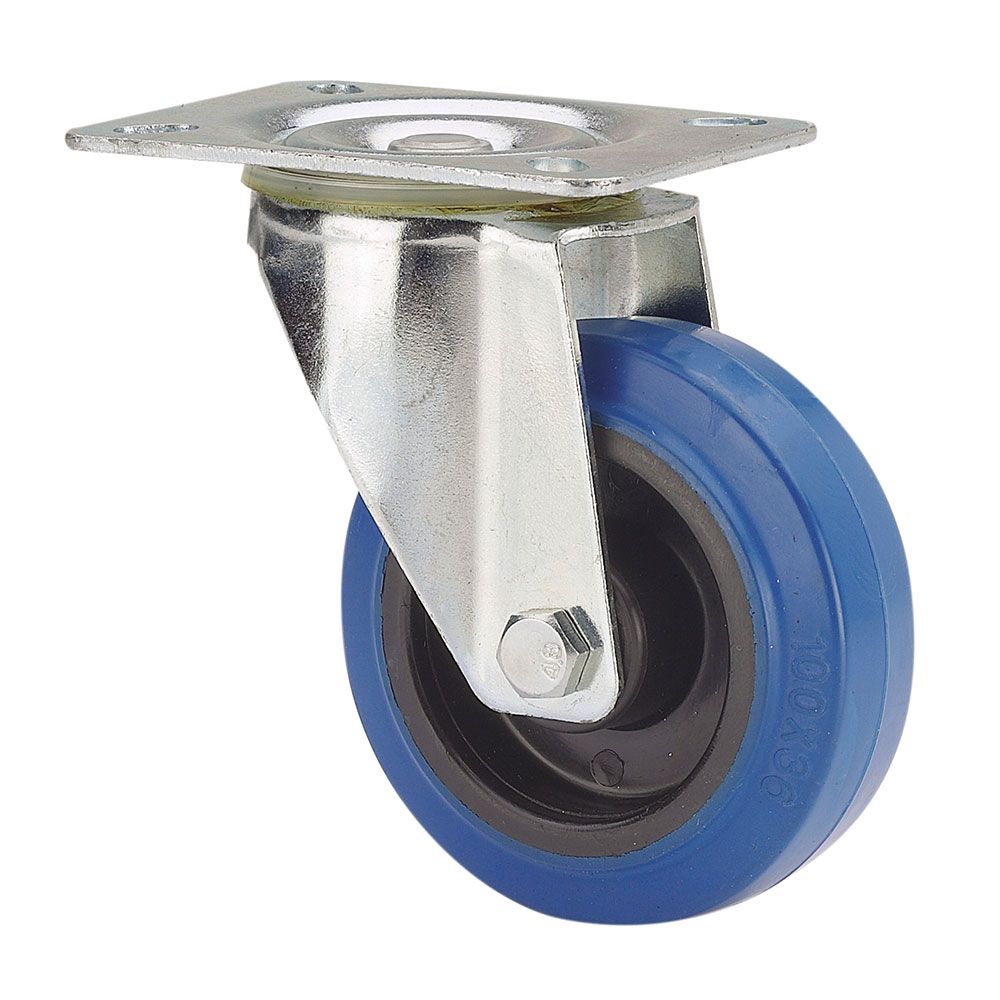 Roda giratória em borracha com placa, eixo de rolo e travão, azul, carga máxima 130 kg. ø 12,5 cm
