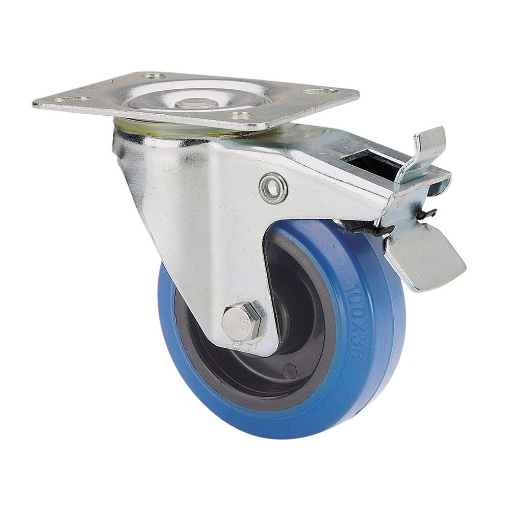 Roda giratória em borracha com placa, eixo de rolo e travão, COR azul, carga máx. 130 kg, ø 12,5 cm