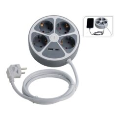 Base de tomada múltipla 4 tomadas redonda + USB, 1,4 m cabo