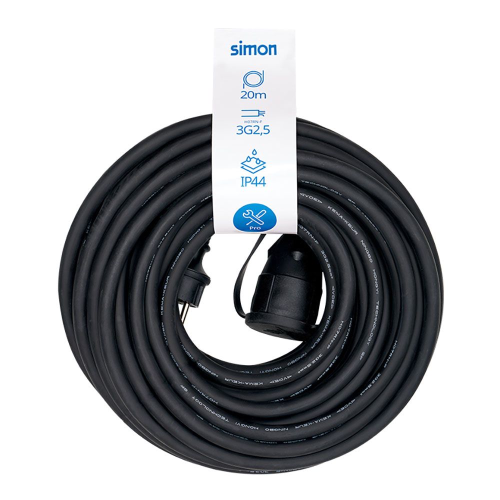 Prolongador profissional 20 m IP44 H07RN-F 3 g 2,5 mm², 1 tomada com tampa, 16 a 250 v~, preta