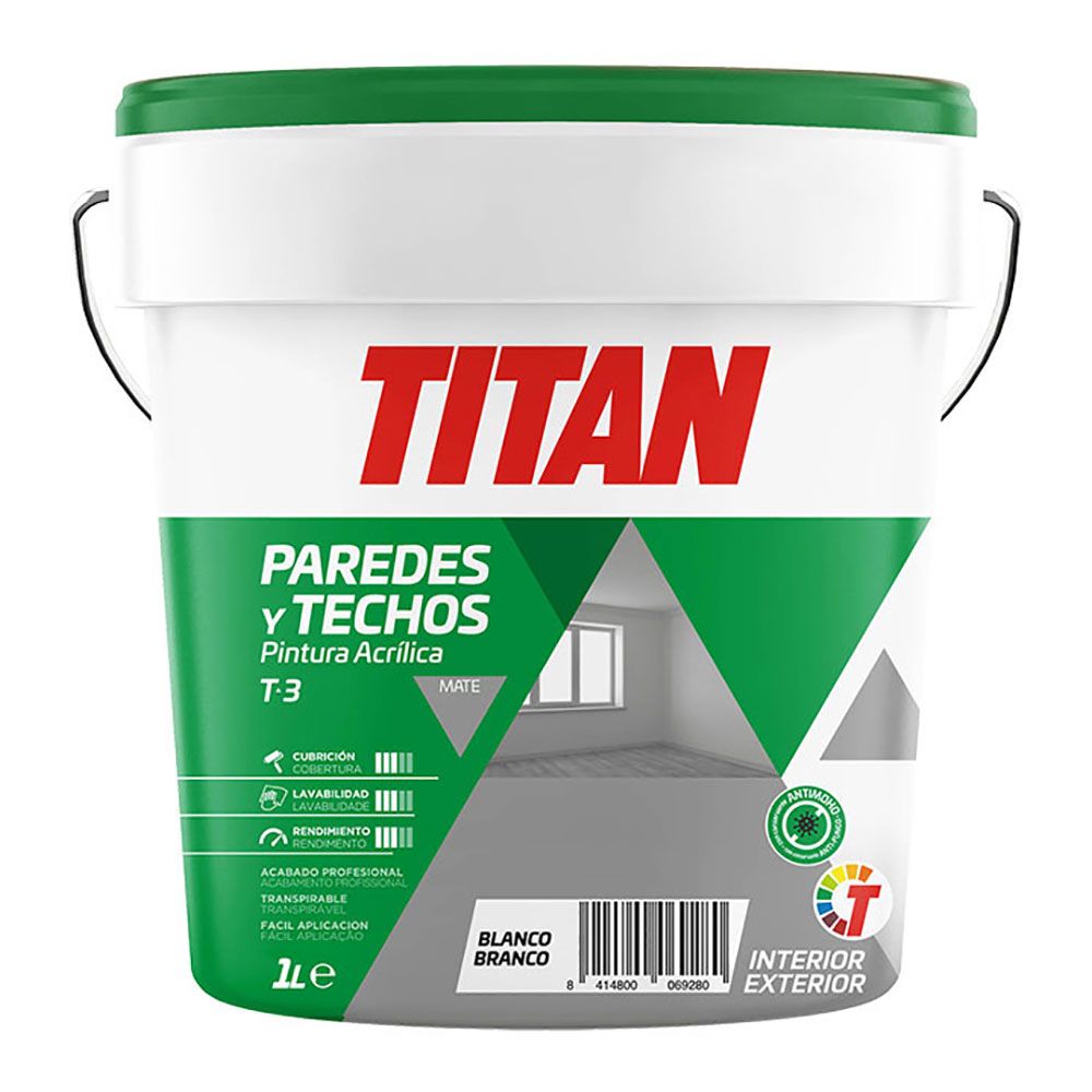 TITAN Tinta plástica estireno acrílica para interior/exterior, antimofo t-3, branco mate, 1 l