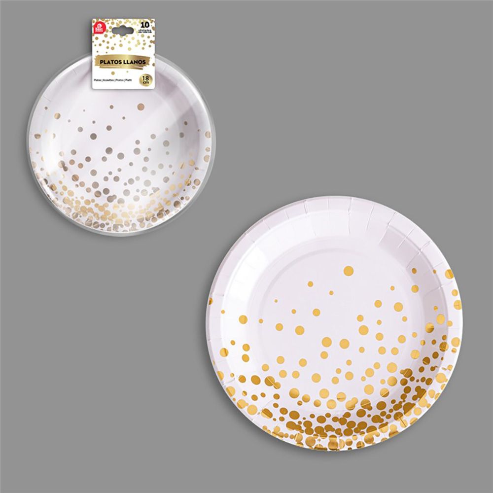 Pratos de papelão branco/dourado, Ø18 cm, 10 UDS