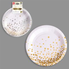 Pratos de papelão branco/dourado, Ø22,5 cm, 10 UDS