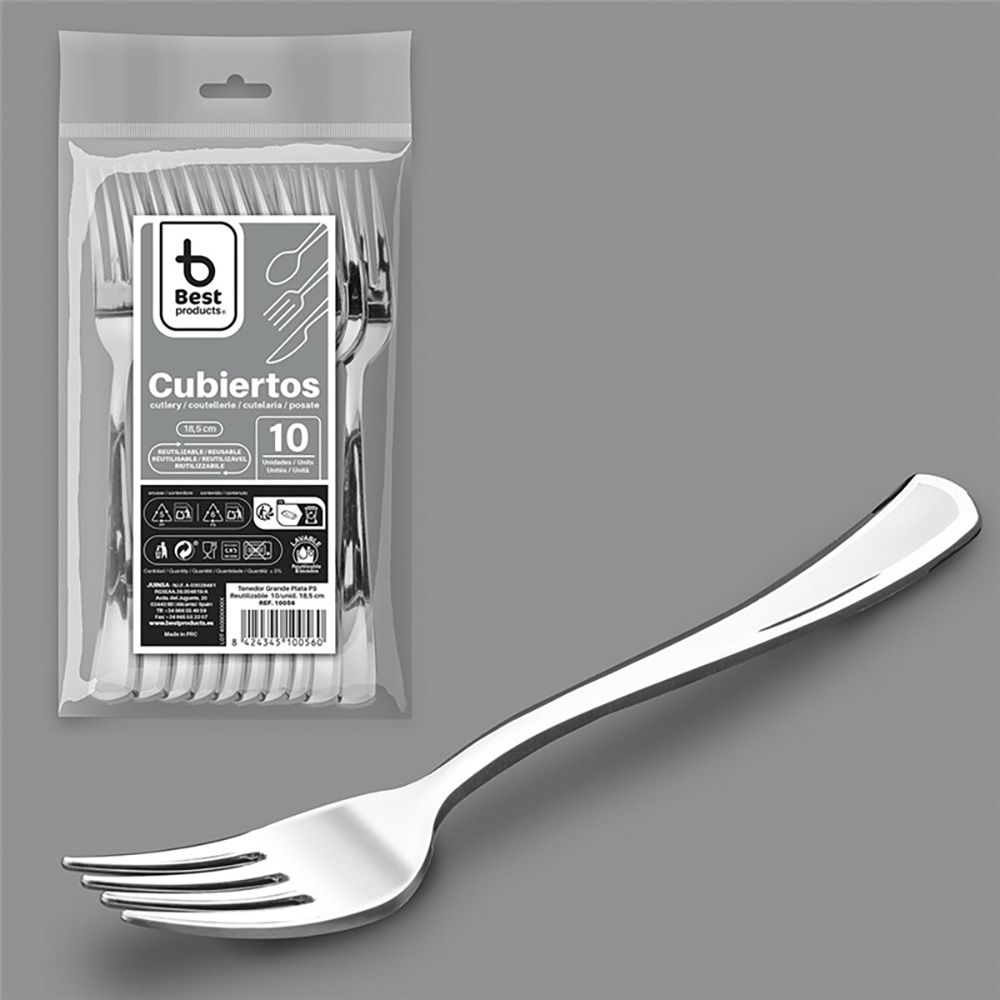 Garfo reutilizável prateado, 18,5 cm, 10 UDS