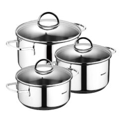 Trem de cozinha com 6 peças de INOX para indução: caçarola de 16 cm com tampa / caçarola de 18 cm com tampa / caçarola de 20 cm com tampa