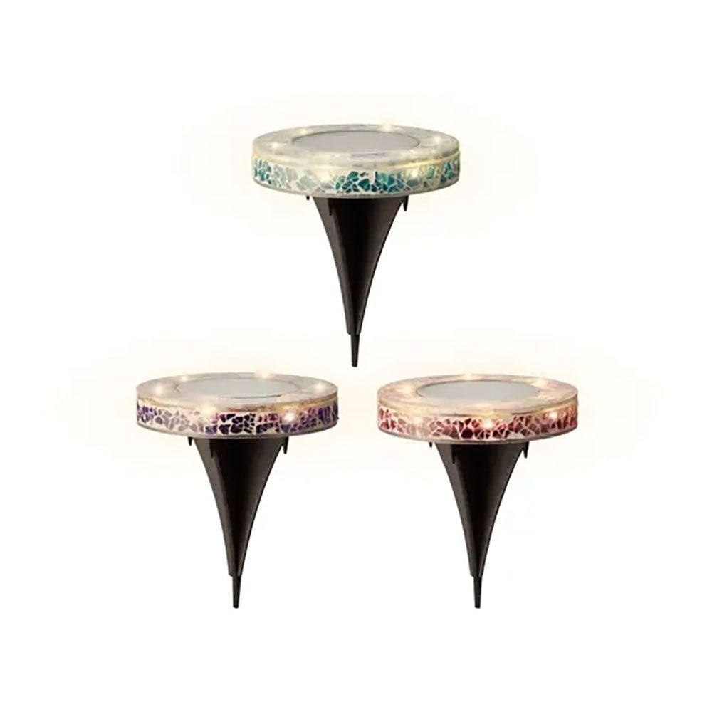 Estaca solar redonda de vidro mosaico, 6 LEDs, 7 im, ø11,5 x 13 cm, cores sortidas