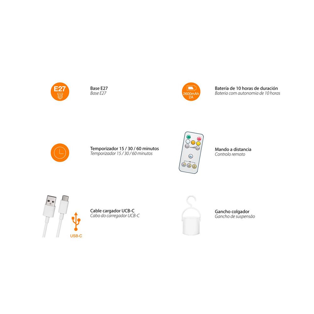 Lâmpada LED, recarregável USB, E27, 6 W, 3CCT, dimmable, 500 LM - Image 4