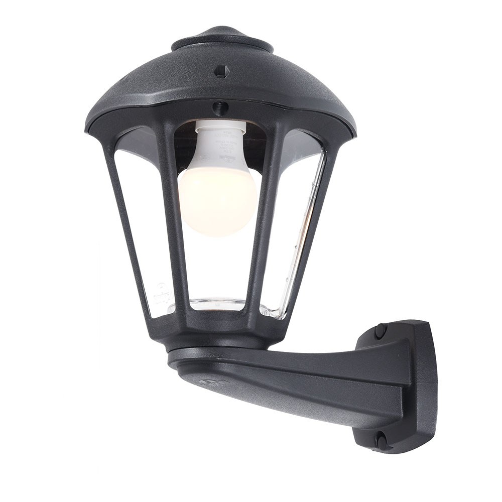 Lanterna de parede com braço Nardo/Giampy, transparente, E27, preta, 210 x 270 IP55, fabricada em resina resistente aos raios UV, anticorrosão e antiferrugem. Inclui elementos de fixação. 210x270x315mm