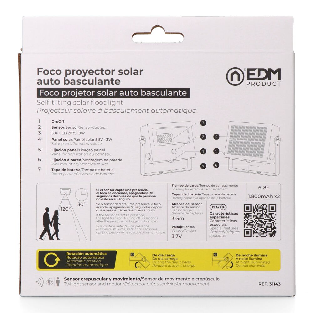 Projetor solar autobasculante, 10 W, 1800 LM, 6500 K, com sensor de movimento, preto - Image 6