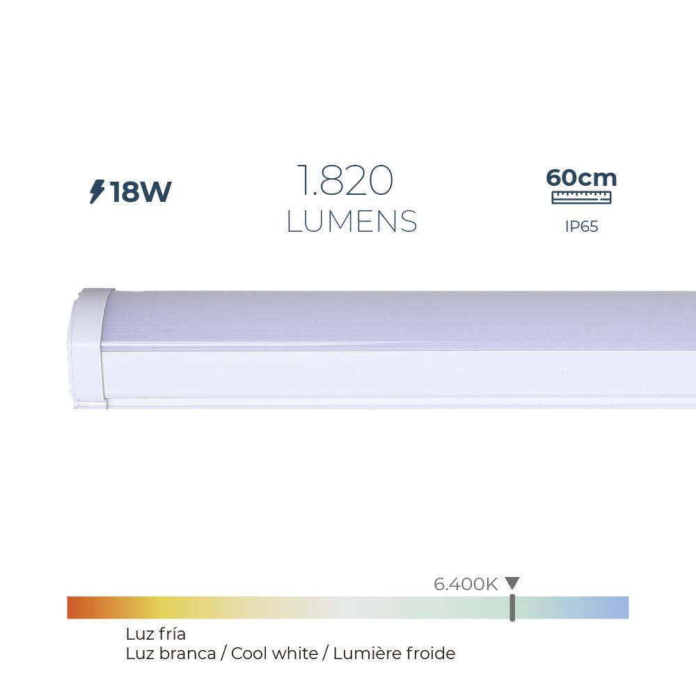 Régua LED 18 W 6.400 K LUZ fria 1.820 LM 60 x 4,6 x 5,1 cm